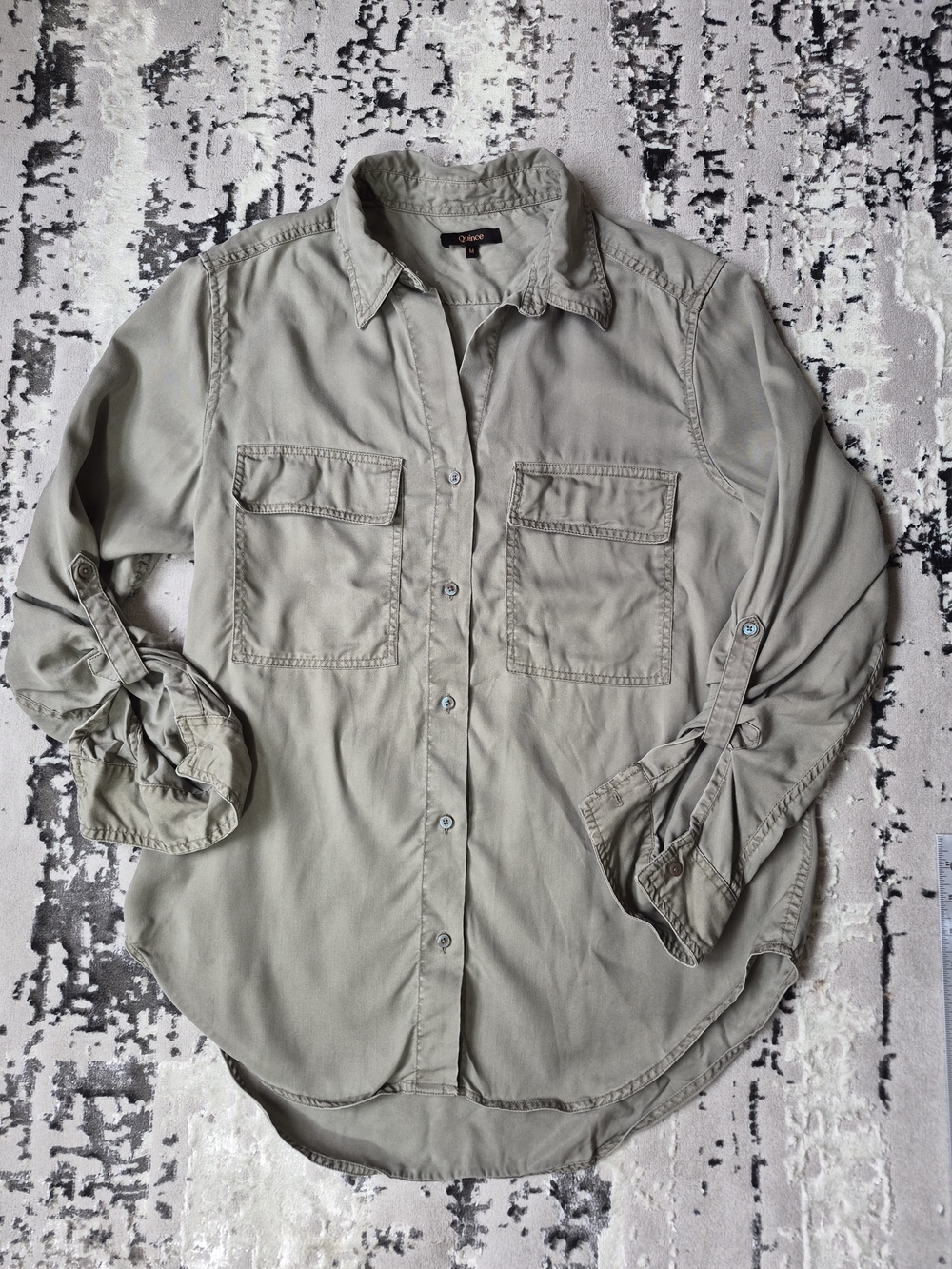 Quince Vintage Wash Tencel Utility Shirt in the shade Olive M